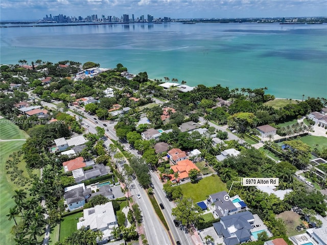 5970 Alton Rd, Miami Beach, FL 33140 - aerial overview of property's location with a nearby body of water, nearby suburban area, and city skyline