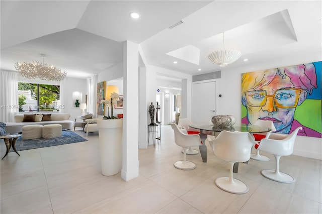 5970 Alton Rd, Miami Beach, FL 33140 - dining space with a chandelier, light tile patterned flooring, and recessed lighting