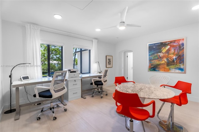 5970 Alton Rd, Miami Beach, FL 33140 - office area with ceiling fan, recessed lighting, and arched walkways