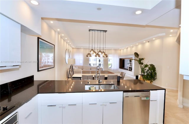 3900 Island Bl Ph 2, Aventura, FL 33160 - kitchen featuring dishwasher, a sink, open floor plan, white cabinetry, and dark stone counters