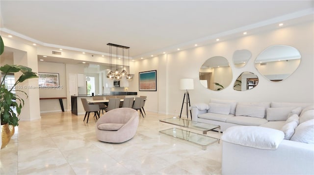3900 Island Bl Ph 2, Aventura, FL 33160 - living area featuring recessed lighting, light marble finish floors, a chandelier, and baseboards