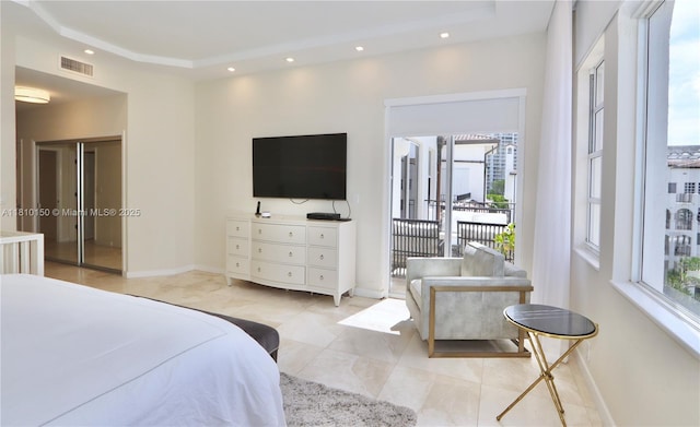 3900 Island Bl Ph 2, Aventura, FL 33160 - bedroom with access to exterior, baseboards, recessed lighting, and a tray ceiling