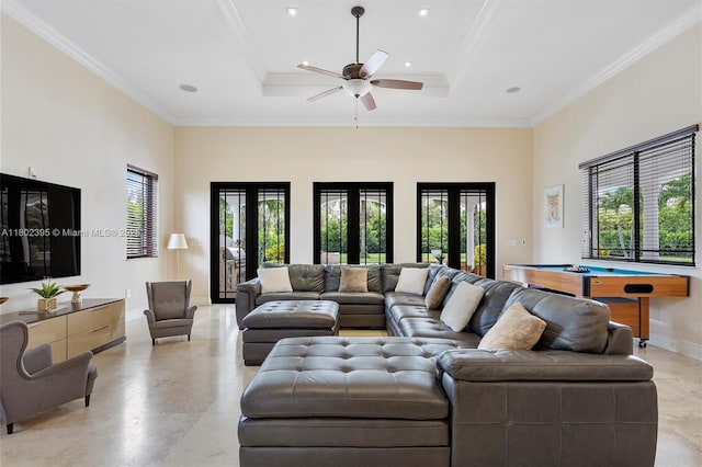 20120 SW 133rd Ave, Miami, FL 33177 - living room with billiards, a tray ceiling, a ceiling fan, baseboards, and ornamental molding