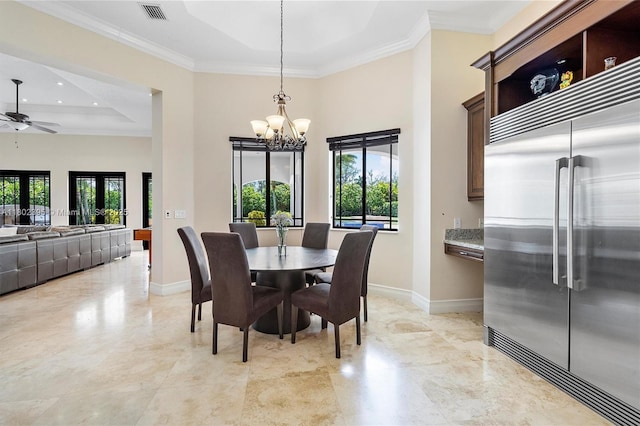 20120 SW 133rd Ave, Miami, FL 33177 - dining space featuring baseboards, a chandelier, crown molding, a ceiling fan, and a tray ceiling