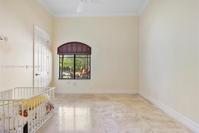 20120 SW 133rd Ave, Miami, FL 33177 - unfurnished bedroom featuring crown molding, baseboards, a crib, and a ceiling fan