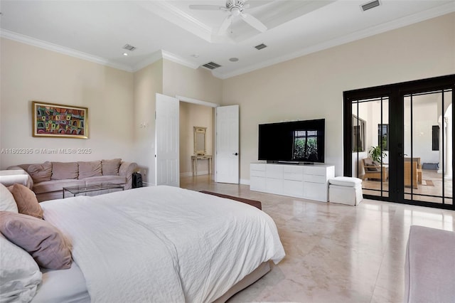 20120 SW 133rd Ave, Miami, FL 33177 - bedroom featuring access to outside, crown molding, a high ceiling, french doors, and a raised ceiling