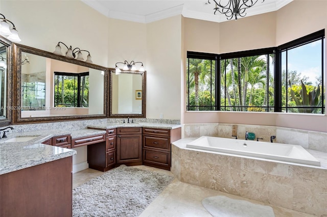 20120 SW 133rd Ave, Miami, FL 33177 - bathroom with crown molding, vanity, healthy amount of natural light, and a garden tub