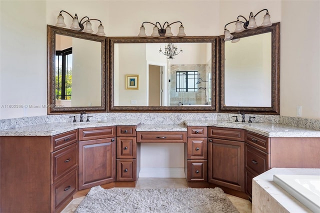 20120 SW 133rd Ave, Miami, FL 33177 - bathroom featuring double vanity, a tile shower, tiled bath, and a chandelier