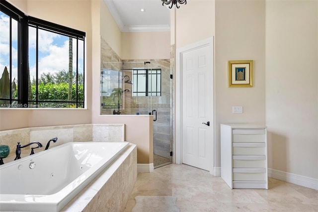 20120 SW 133rd Ave, Miami, FL 33177 - bathroom with a jetted tub, a stall shower, and crown molding
