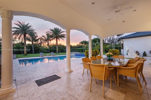 20120 SW 133rd Ave, Miami, FL 33177 - patio terrace at dusk with a patio, a ceiling fan, and outdoor dining area