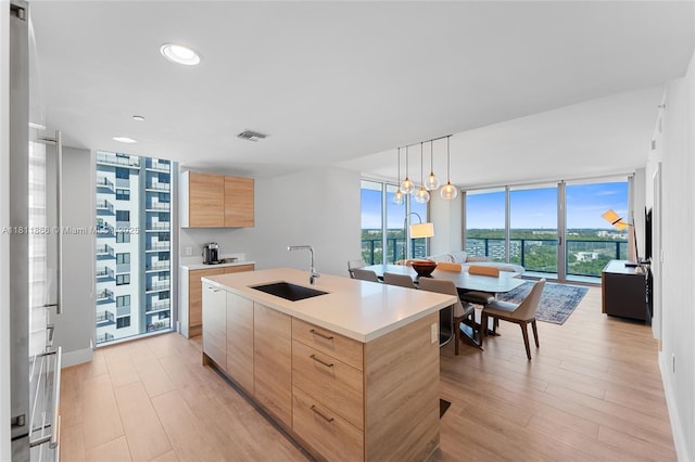 16385 NE Biscayne Blvd Unit 1901Storage, North Miami Beach, FL 33160 - kitchen with modern cabinets, a sink, light brown cabinetry, a wall of windows, and light wood-style flooring