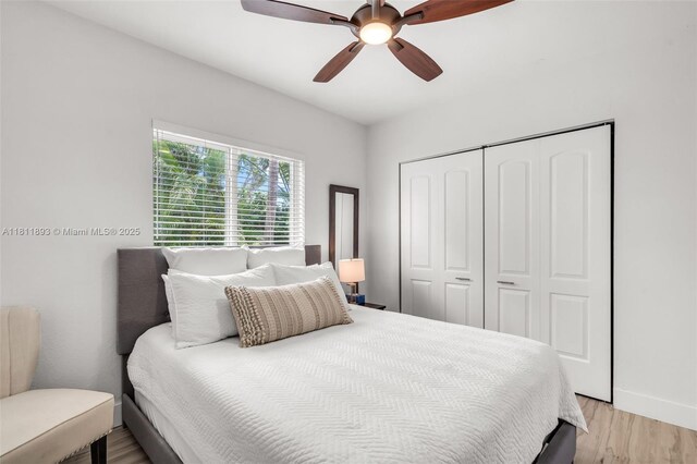 17491 NE 19th Ave, North Miami Beach, FL 33162 - bedroom with a closet, light wood finished floors, a ceiling fan, and baseboards