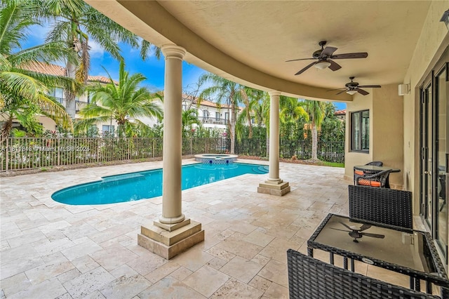 19347 SW 79th Pl, Cutler Bay, FL 33157 - view of swimming pool with a fenced backyard, a ceiling fan, a patio area, and a pool with connected hot tub