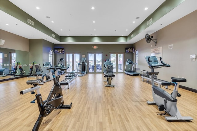 19347 SW 79th Pl, Cutler Bay, FL 33157 - workout area with light wood-style flooring, a tray ceiling, and recessed lighting