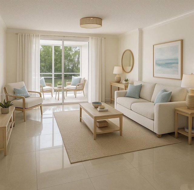 3660 NE 166th St Unit 115, North Miami Beach, FL 33160 - living area with ornamental molding and light tile patterned floors