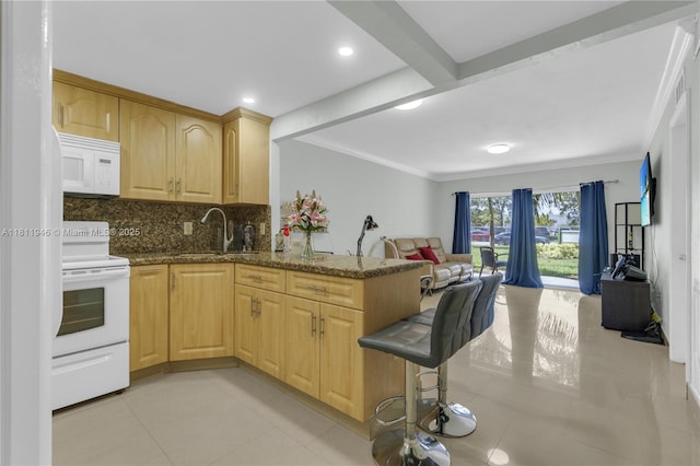 17101 NW 57th Ave Unit 110, Miami Gardens, FL 33055 - kitchen with white appliances, a sink, open floor plan, light brown cabinetry, and light tile patterned flooring