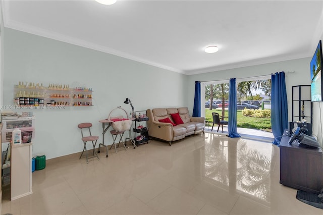 17101 NW 57th Ave Unit 110, Miami Gardens, FL 33055 - tiled living room featuring crown molding and baseboards
