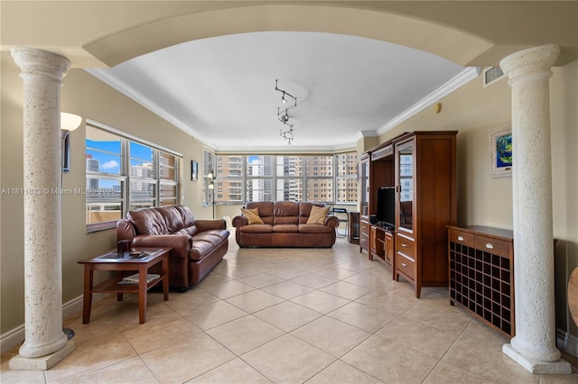 1950 S Ocean Dr Unit 7F, Hallandale Beach, FL 33009 - living room with decorative columns, track lighting, light tile patterned floors, and crown molding