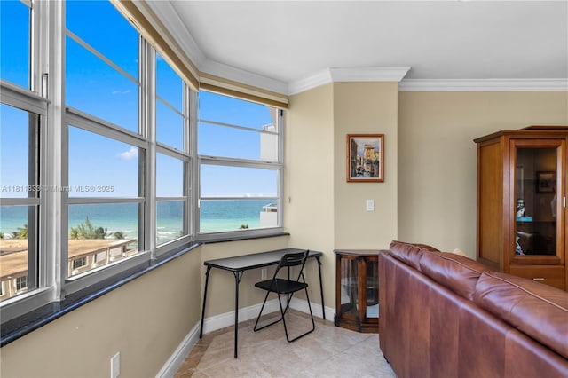 1950 S Ocean Dr Unit 7F, Hallandale Beach, FL 33009 - living room featuring a water view, ornamental molding, baseboards, and light tile patterned flooring