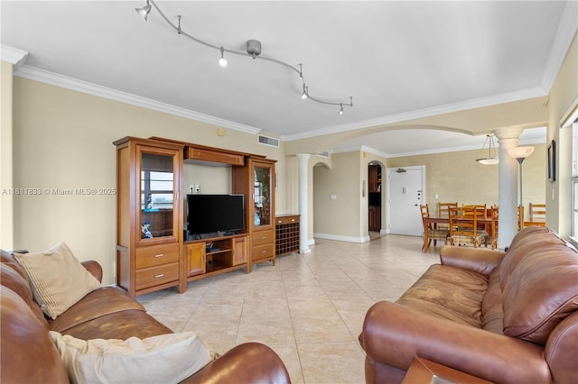 1950 S Ocean Dr Unit 7F, Hallandale Beach, FL 33009 - living area with ornate columns, arched walkways, light tile patterned flooring, crown molding, and baseboards