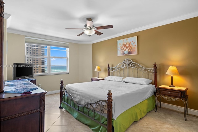 1950 S Ocean Dr Unit 7F, Hallandale Beach, FL 33009 - bedroom with baseboards, ornamental molding, light tile patterned flooring, and a ceiling fan