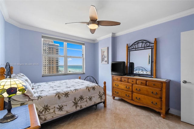 1950 S Ocean Dr Unit 7F, Hallandale Beach, FL 33009 - bedroom with baseboards, ornamental molding, light tile patterned floors, and a ceiling fan