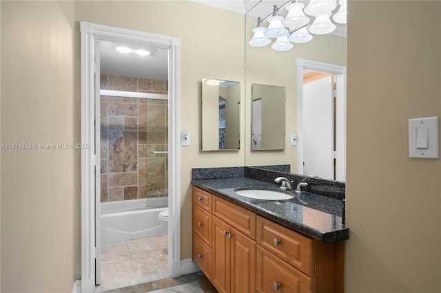 1950 S Ocean Dr Unit 7F, Hallandale Beach, FL 33009 - bathroom with vanity, a chandelier, toilet, enclosed tub / shower combo, and tile patterned floors