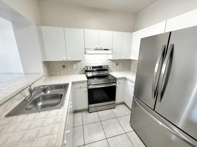 1104 NW 100th Ave, Pembroke Pines, FL 33024 - kitchen featuring appliances with stainless steel finishes, a sink, under cabinet range hood, tasteful backsplash, and white cabinetry