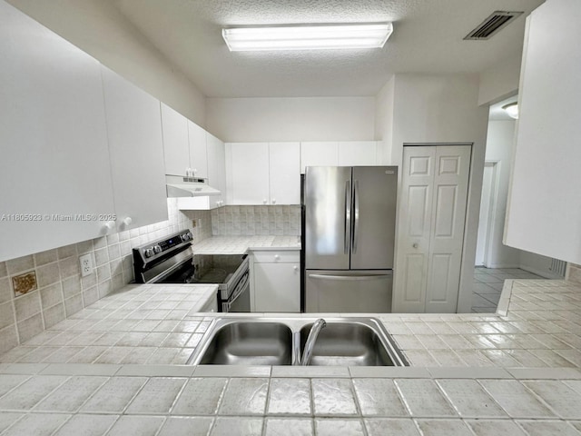 1104 NW 100th Ave, Pembroke Pines, FL 33024 - kitchen with appliances with stainless steel finishes, under cabinet range hood, tile counters, decorative backsplash, and a sink