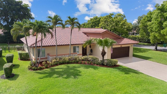 9703 NW 20th St, Coral Springs, FL 33071 - mediterranean / spanish-style home featuring an attached garage, a tiled roof, driveway, a front yard, and stucco siding