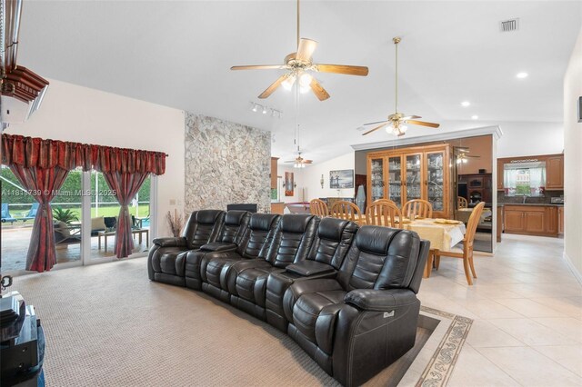 9703 NW 20th St, Coral Springs, FL 33071 - living room with light tile patterned floors, plenty of natural light, a ceiling fan, lofted ceiling, and recessed lighting