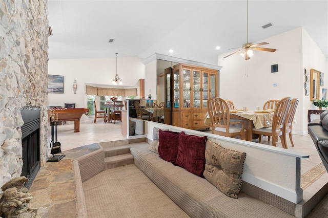 9703 NW 20th St, Coral Springs, FL 33071 - living room featuring ceiling fan, a stone fireplace, high vaulted ceiling, and recessed lighting
