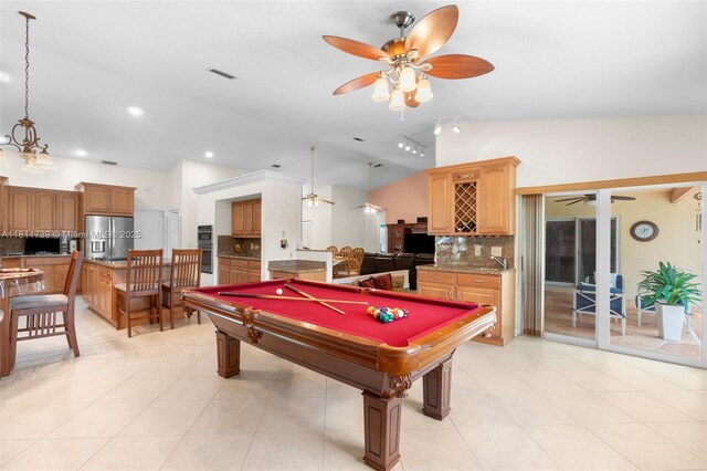 9703 NW 20th St, Coral Springs, FL 33071 - playroom with a ceiling fan, vaulted ceiling, bar, billiards, and recessed lighting