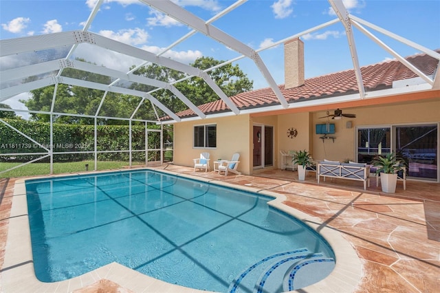 9703 NW 20th St, Coral Springs, FL 33071 - swimming pool featuring a patio area, a ceiling fan, and glass enclosure