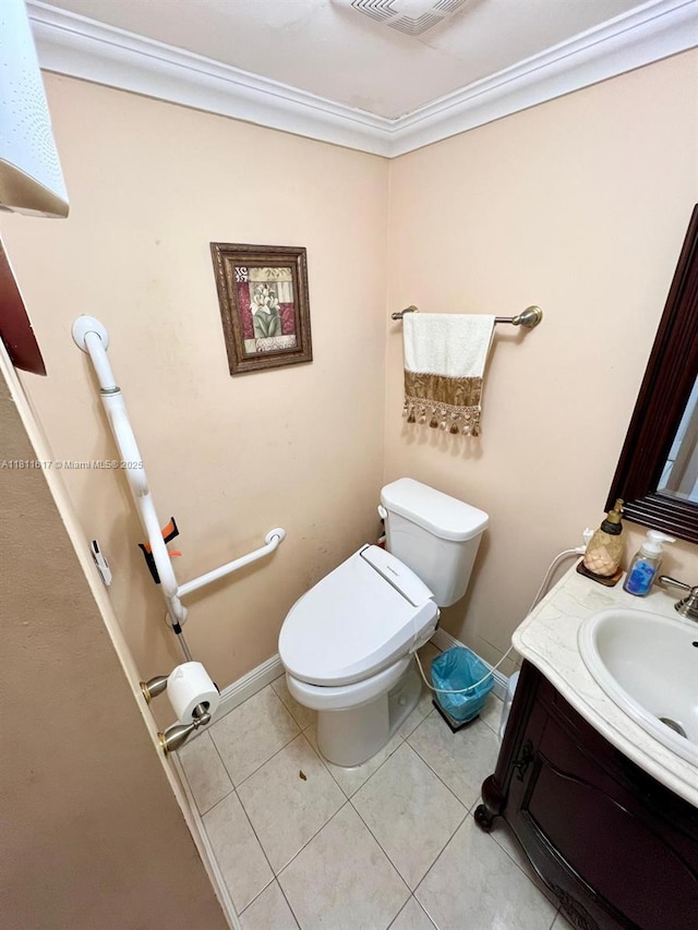 14362 SW 96th Ln, Miami, FL 33186 - bathroom featuring vanity, toilet, tile patterned flooring, baseboards, and crown molding