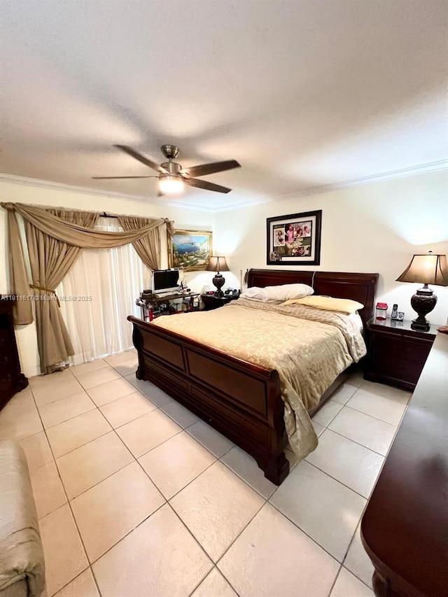 14362 SW 96th Ln, Miami, FL 33186 - bedroom featuring light tile patterned floors, a ceiling fan, and crown molding