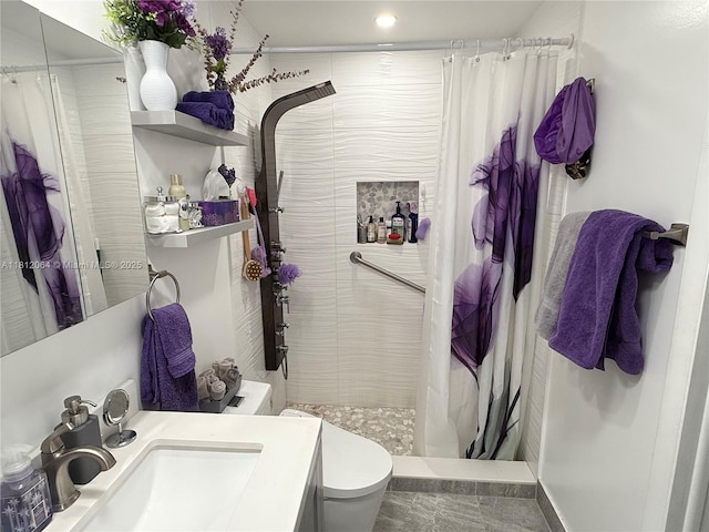 13097 Via Minerva, Delray Beach, FL 33484 - full bath featuring a stall shower, toilet, vanity, and recessed lighting