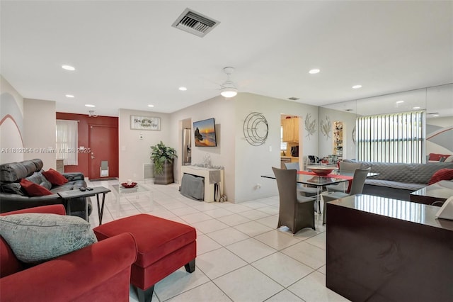 13097 Via Minerva, Delray Beach, FL 33484 - living room featuring ceiling fan, light tile patterned floors, and recessed lighting