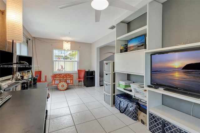 13097 Via Minerva, Delray Beach, FL 33484 - kitchen with light tile patterned floors, a ceiling fan, open shelves, and a chandelier