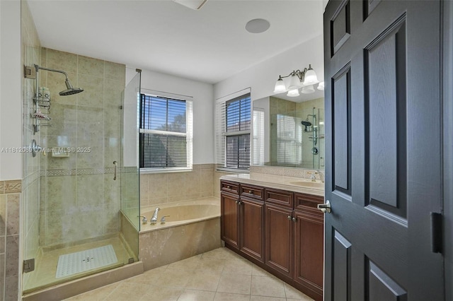 16880 SW 49th Ct, Miramar, FL 33027 - bathroom with a shower stall, a bath, vanity, and tile patterned floors