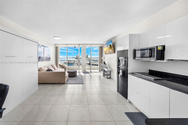555 NE 15th St Unit 516, Miami, FL 33132 - kitchen with black appliances, expansive windows, dark countertops, white cabinets, and modern cabinets