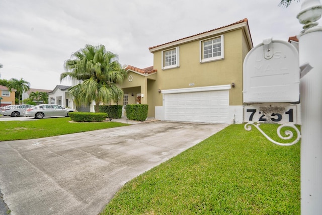 7251 SW 158th Pl, Miami, FL 33193 - mediterranean / spanish home featuring a tiled roof, an attached garage, driveway, stucco siding, and a front yard