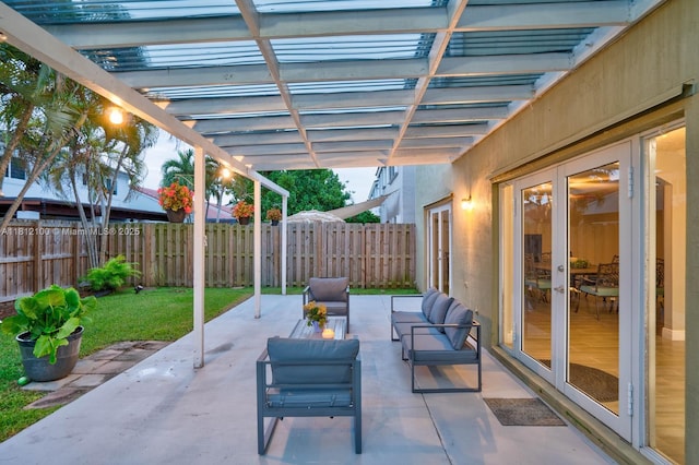 7251 SW 158th Pl, Miami, FL 33193 - fenced backyard featuring a pergola, a patio, french doors, and outdoor lounge area