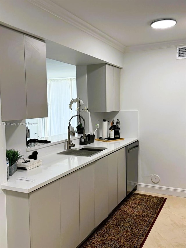4730 NW 97th Ct Unit 76, Doral, FL 33178 - kitchen featuring a sink, stainless steel dishwasher, gray cabinetry, ornamental molding, and modern cabinets