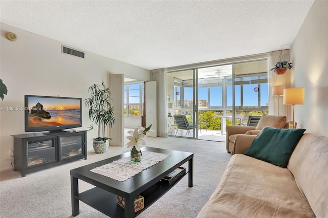 3091 N Course Dr Unit 502, Pompano Beach, FL 33069 - living room with carpet flooring, a textured ceiling, and a ceiling fan