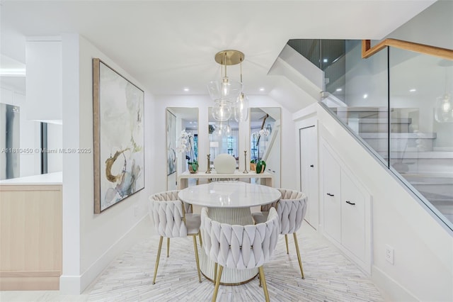 725 Biltmore Ct, Coral Gables, FL 33134 - dining space with baseboards, stairs, and recessed lighting