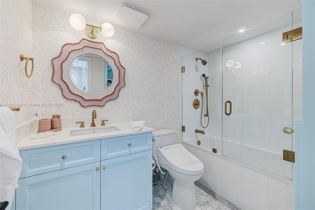725 Biltmore Ct, Coral Gables, FL 33134 - bathroom with wallpapered walls, toilet, shower / bath combination with glass door, and vanity