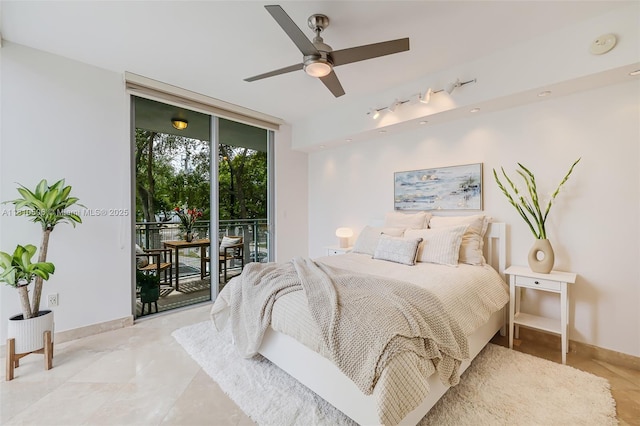 3001 SW 27th Ave Unit 201, Miami, FL 33133 - bedroom featuring a wall of windows, access to outside, baseboards, and ceiling fan