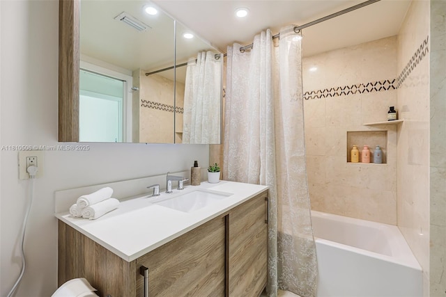 3001 SW 27th Ave Unit 201, Miami, FL 33133 - bathroom with shower / bath combo with shower curtain, vanity, and recessed lighting