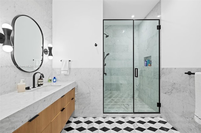 725 NE 22nd St Unit Ph3C, Miami, FL 33137 - full bath featuring tile walls, vanity, a shower stall, and recessed lighting